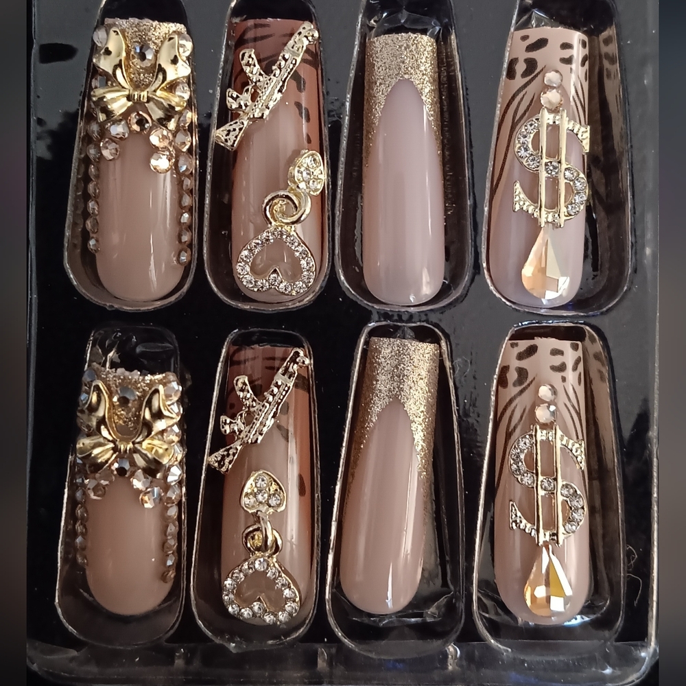 Women's Gold and Brown Animal Print Press-On Long Nails New - Picture 3 of 4